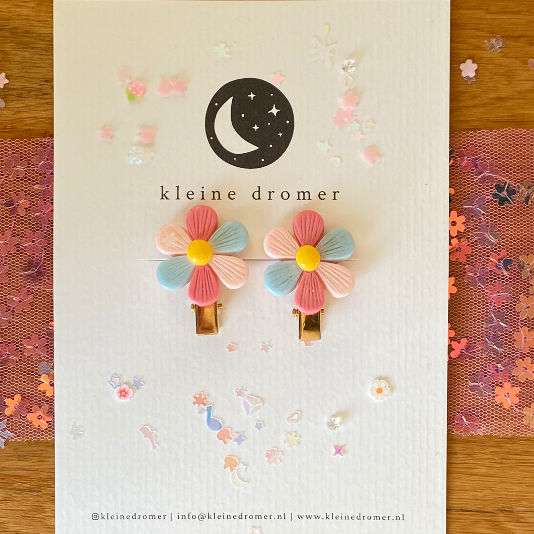 Haarclipjes Bloemen - blauw/lichtroze/donkerroze